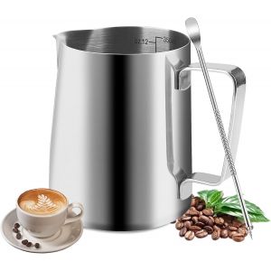 Pot &agrave; Lait, 350ml Mousseur &agrave; Lait, Pichet Lait Inox avec &Eacute;chelle, Aiguille pour Latte Art Incluse, Adapt&eacute; aux Baristas pour la Pr&eacute;paration de Cappuccino, Espresso et Latte (Argent) - Neuf