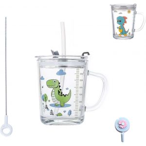 Tianyi-Tasse À Lait Avec Paille, Tasse De Lait Tasse Avec Paille Silicone Résistant À La Chaleur Pour Micro-Ondes, 400ml - Dinosaure - Neuf