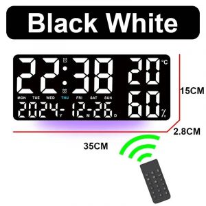 Grande Horloge Murale Numérique À Lumière Ambiante Led,Avec Télécommande,Affichage De La Température Et De L'Humidité,Réveil Multifonctionnel.Black White. - Neuf