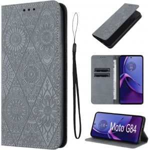 KAL-&Eacute;tui Pour Motorola Moto G84 5G 6.5 Pouces Cuir Artificiel Coque Motorola G84 5G Avec Fente Pour Carte Coque Motorola G84 Motif De Fleurs B&eacute;quille Coque Moto G84 Gris - Neuf