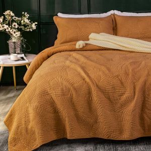 Ulteronixshop-Couvre Lit 240x260 Boutis Couvre Lit Cotton 100% Doux et Confortable en Motif Feuille de Palmier, 3 Pi&egrave;ces Dessus de Lit Orange Broderie avec 2 Taies d'oreiller 50x75cm pour Toute L'Ann - Neuf