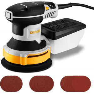 Ulteronixshop-300W Ponceuse Orbitale Excentrique, 6 Vitesses, 14000RPM, Papier Abrasif 16 Pi&egrave;ces, Patin de Pon&ccedil;age 125mm, Collecteur de Poussi&egrave;re, pour Surfaces en Bois et Acier, Jaune-gris - Neuf