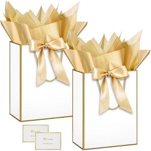 2 Pièces Sac Cadeau, 12.59"" Papier Emballage Cadeau Anniversaire, Vertical Pochette Cadeau Ggrand Format Enfant 32 * 25 * 13cm Avec 2 Cartes 2 Mouchoirs Pour Fête D'anniversaire, Mariage Blanc - Neuf