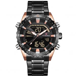 Montre-Bracelet Electronique Tendance Naviforce Pour Homme, Etanche, Avec Bracelet En Acier (Or Rose Et Cadran Noir) - Neuf
