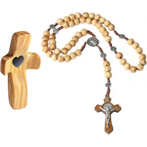 Kal-Collier En Bois D'olivier Avec Croix En Bois Sculptée À La Main Chapelet Catholique Accessoire Religieux Bijou Spirituel Pour Femmes Et Hommes 60 Cm(A) - Neuf