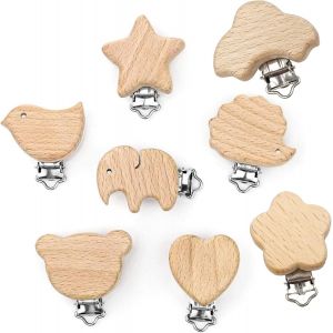 Attache Tetine Bois,Clip Attache Tetine Bois,Attache Sucette Bois,8 Pi&egrave;ces Attache Sucette En Bois,Kit Attache Tetine Bois,Attache T&eacute;tine En Bois,Animal Sucette Clip - Neuf