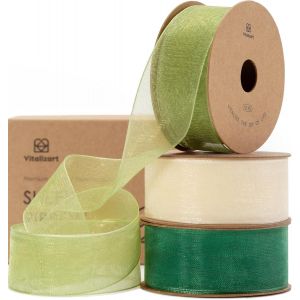 Ruban En Organza Vert & Cr&egrave;me, 2,5 Cm X 27,4 M (3 Rouleaux*9,1 M), Ruban Cadeau Large En Tissu Pour Artisanat, Emballage Cadeau, Arbre De No&euml;l, Noeuds, Invitations De Mariage - Neuf