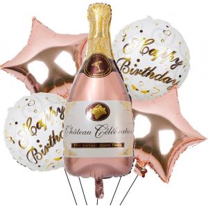 Champagne Balloons Rose Gold, 5 Pcs Helium Balloon Champagne Bottle Inflatable Balloon Wine Glasses Aluminum Balloon Happy Birthday Decoration Woman Man - Neuf