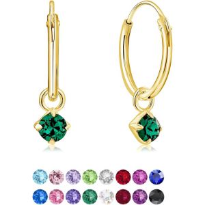 Kal-® Boucles D'oreilles Petites Créoles En Argent Fin 925 Plaqué Or Jaune Avec Petit Pendentif 3 Mm Cristaux De Swarovski® Elements Ronds - Diamètre: 14 Mm - Choix De Différentes Couleurs - Neuf