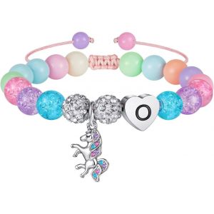 KAL-Bracelet Licorne Cadeaux Pour Filles U2013 Perles Roses Et Boules De Strass Bracelet Licorne Coeur Avec Lettres Arc-En-Ciel Cz Licorne Bracelets Bijoux Filles Cadeaux Pour Filles Bracelet Fille - Neuf