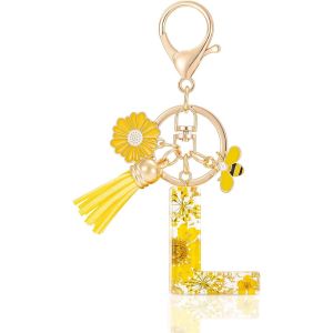 KAL-Letter Keychains Initiale Lettre Porte Clef Lettre,Alphabet Initial Keyring Avec Pampille Pendentif,Jaune Pétales Feuille D'Or Key Ring Pour Femmes Filles Portefeuilles Sac À Main Charme - Neuf