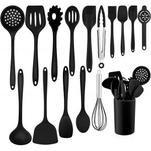 Mevronisshop-Ustensiles De Cuisine, 16 Pi&egrave;ces Ustensiles De Cuisine Silicone, Noir, R&eacute;sistant &Agrave; La Chaleur Avec Support D'ustensiles, Sain Et Antiadh&eacute;sif, Lavable Au Lave-Vaisselle - Neuf