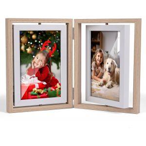 FCHHK-Cadre photo 10x15 cm, cadre collage vintage pour 4 photos, cadre photo double pivotant en bois pour mariage, cartes postales, famille, bureau et table, Beige - Neuf
