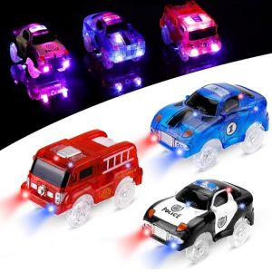 Voiture de course - 9,5 cm x 5 cm, lot de 3 (voiture de course, voiture de police, camion de pompiers) avec 5 lumi&egrave;res LED clignotantes, jouets magiques pour enfants de 3, 4, 5, 6, 7 ans et plus - Neuf