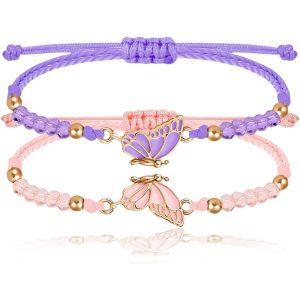 Eryi-Lot De 2 Bracelets Bff, Bracelets Papillon Assortis, Bracelets D'amitié À Breloques Faits À La Main, Bracelet Réglable Pour Meilleurs Amis, Cadeaux De Bijoux, Violet + Rose - Neuf