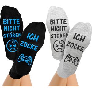Jgd-Lot De 2 Paires De Chaussettes De Jeu Amusantes Avec Inscription En Allemand &laquo; Bitte Nicht St&ouml;ren Ich Zocke, Socken Cool Geschenke F&uuml;r Teenager, Rutschfeste Haussocken F&uuml;r Damen Herren, Schwarz - Neuf