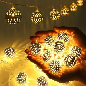KAL-Guirlande Lumineuse Intérieur Marocaine, 20 Led Marocaine Lampes Minuterie À Piles, Guirlande Lumineuse Boules Argentées Style Oriental Pour Chambre, Balcon, Ramadan, Mariage, Noël - Neuf