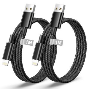 MEVRONISSHOP-C&acirc;ble iPhone 1M Lot de 2 Certifi&eacute; Apple MFi,Cable Chargeur iPhone Cable Lightning USB Cable USB Nylon Fil Cordon Chargeur Rapide pour iPhone 14/13/12/11 Pro Max/X/XS/XR/8/7/6 Plus/SE - Neuf