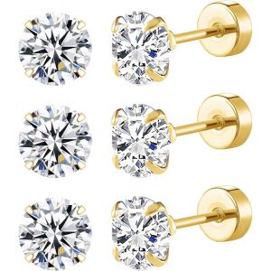 Kal-3 Paires Boucles D'oreilles Or Argent Noires, Boucle Doreille Acier Inoxydable Femme Homme,Piercing Oreille Cartilage Helix Piercing,Boucles D'oreilles En Zirconium - Neuf