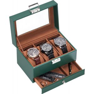 Trahoo-Procase Boite A Montre À 3 Emplacements Coussins Montre, Range Montre Antichoc Avec Couvercle En Verre, Pour Voyage -Vert - Neuf