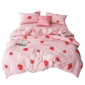 Hjlian Parure De Lit En Polyester Imprime Fraise, Taie D'oreiller, Drap Plat, Housse De Couette (Pour Lit De 1,8 M) - Neuf