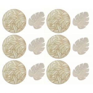Hjlian Ensemble De 6 Sets De Table Et Dessous De Verre Creux Isolants Pour Table A Manger Ronde Et 6 Dessous De Verre En Forme De Feuille Dores - Neuf