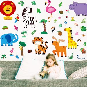 113 Autocollants Muraux d'Animaux,Autocollants en Vinyle Autocollants-Zèbre,Flamant,Girafe,Lion,Cerf,Tigre,Hippopotame et Plantes,Décorations d'Animaux de la Jungle pour Chambre d'Enfants - Neuf