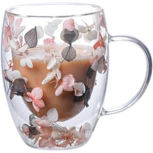 SJZG-Tasses &Agrave; Caf&eacute; En Verre &Agrave; Double Paroi Avec Motif Fleurs S&eacute;ch&eacute;es, Jolies Tasses &Agrave; Th&eacute; Avec Poign&eacute;es, Tasse &Agrave; Cappuccino, Chocolat Chaud, Latte (Rose) - Neuf