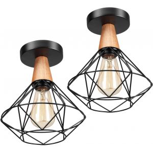 Kal-2 Pièces Plafonnier Industriel, E27 Plafonnier Vintage En Métal Cage Et Bois, Suspension Luminaire Rétro Design Chambre, Luminaires Intérieur Pour Salon, Chambre 22cm(Ampoule Non Incluse) - Neuf