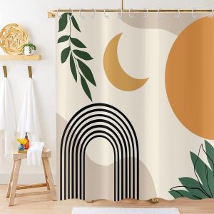 Uaa-Rideau De Douche Boho 180x180, Mid Century Abstract Feuille Arc Soleil Lune Beige Rideau De Bain Moderne Minimaliste Géométrique Esthétique Art Imperméable Tissu Lavable Rideau De Bain - Neuf