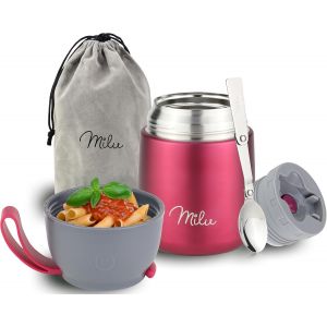 Bo&icirc;tes Alimentaires Isothermes 450ml I 650ml I 800ml, Bo&icirc;te Isotherme Repas Chaud Porte-Aliments En Acier Inoxydable &Agrave; Double Couche, Cuill&egrave;re Pliante Pour Ecole, Bureau (650ml/Gris) - Neuf