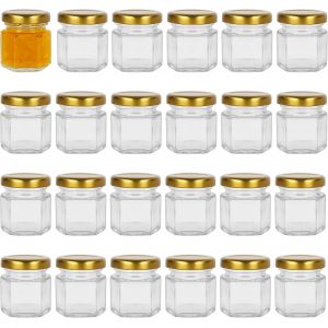 Mevronisshop-Lot De 24 Bocaux &Agrave; Confiture Hexagonaux En Verre De 45 Ml Avec Couvercles &Agrave; Vis Dor&eacute;s, Pour Confitures, Fruits, Noix, &Eacute;pices, Gel&eacute;es, Aliments Pour B&eacute;b&eacute; Ou Desserts Faits &Agrave; La Main - Neuf