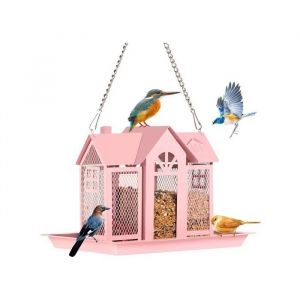 Mangeoire Oiseaux Ext&eacute;rieur En M&eacute;tal Anti-&Eacute;cureuil Grande Capacit&eacute; 2,27kg Suspendue Rose 3 Compartiments Graines R&eacute;sistante - Neuf