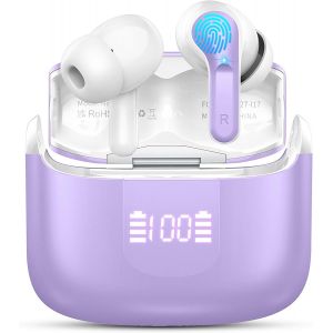 AYU-Ecouteurs Bluetooth sans Fil, Écouteur Bluetooth5.3 avec 4 ENC Réduction Bruit Mic, Ecouteur sans Fil HiFi Son Stéréo, 40H Casque Écran LED, IP7 Étanche Sport Oreillette Bluetooth, Violet - Neuf