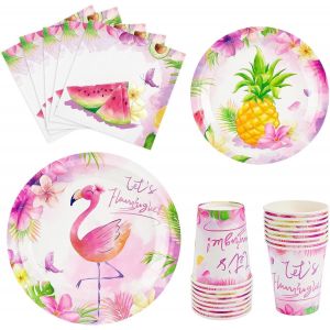 LETNERNY-Lot De 64 D&eacute;corations De F&ecirc;te En Forme De Flamant Rose - Assiettes Jetables Hawa&iuml;ennes - Serviettes De Table - Pour Enfants Et Filles - D&eacute;coration De F&ecirc;te - Neuf