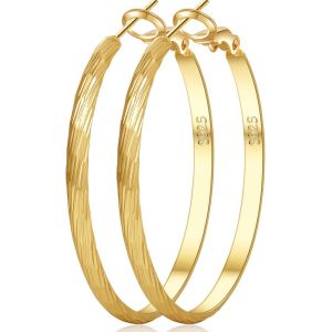 Kal-Grandes Boucles D'oreilles Créoles Plaquées Or Véritable 14 Carats Pour Femmes Boucles D'oreilles Créoles En Argent Sterling 925 Hypoallergéniques Légères Larges Et Épaisses Pour Femmes - Neuf
