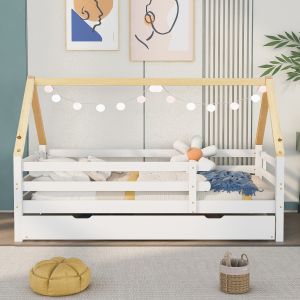 Lit cabane enfant 200x90 cm Lit simple Lit coulissant avec roulettes en bas Lit blanc Poutrelle naturelle Lit d'enfant Lit escamotable - Neuf