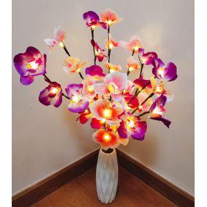 KAL-Lot De 2 Branches D'Orchidée, 20 Led Artificielles À Piles - Pour Décoration De Maison, Magasin, Vitrines, Vase, Chambre, Mariage, Noël (Rose + Violet) - Neuf