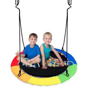 Balan&ccedil;oire Soucoupe 100 Cm 300 Kg Pour 4 Enfants Avec Lumi&egrave;res Color&eacute;es 8 Modes Ambiance Cosy En Tissu Oxford Noir Et Arc En Ciel Helloshop26 20_0010514 - Neuf