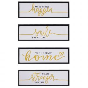 Lot de 4 tableaux muraux HWC-N96, d&eacute;coration murale cadres photo citations Smile Home, bois toile 15x45cm - Neuf
