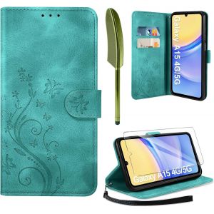 Samsung Galaxy A15 5G/4G Pu Leather Case Cover + Screen Protector Flip Case Cover With Card Slots Dark Green - Neuf
