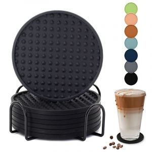 Lot De 6 Sous-Verres Avec Support - Protection De Table Pour Toute Table, Bois, Granit, Verre Ou Pierre - Dessous De Verre En Silicone Souple Parfaits Pour Tous Les Verres Modernes - Neuf