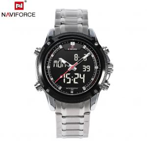 Naviforce Hommes Mâle Quartz Montre-Bracelet Analogique Numérique Led Rétroéclairage Montre Ronde Bande D'argent - Neuf