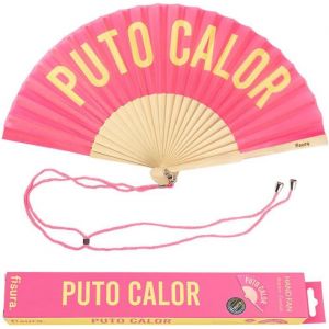 Éventail avec message en espagnol ""p*to calor"". Eventail en bois moderne et amusant. Eventail rose et jaune. Dimensions : 42,5 x 23 cm. - Neuf