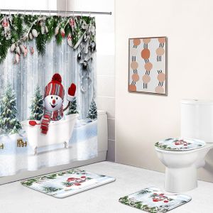 4 Pcs de No&euml;l de bonhomme de neige Rideau de Douche Ensemble avec anti-D&eacute;rapant Tapis, Toilette d'un Couvercle et Tapis de Bain, le No&euml;l de bonhomme de neige de No&euml;l Rideaux de Douche avec 12 Croche - Neuf