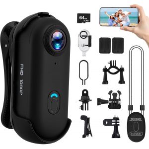 SUBZONAL-Mini Cam&eacute;ra Sport avec 64GB, Camera 1080p avec Audio et Vid&eacute;o, Magn&eacute;tique et Pince 360&deg;, 120&deg; Grand Angle Action cam Corporelle &eacute;tanche avec Casque de Moto 13 Multifonction Accessoires - Neuf
