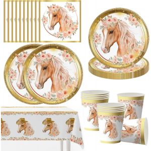 Kalanka-Set De Vaisselle De Fête Motif Cheval - Décoration D'anniversaire - Avec Nappes Pour 10 Invités - Décoration De Fête - En Carton - Assiettes De Fête - Nappes, Gobelets, Serviettes - Neuf