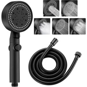 Pommeau de douche à économie d'eau avec tuyau de 1.5 m pour pommeau de douche avec arrêt d'eau, noir, 9 cm de diamètre, pommeau de douche haute pression pour salle de bain - Neuf