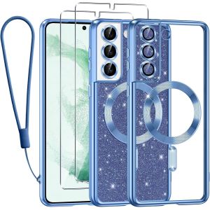SJZG-Glitter Magn&eacute;tique Pour Samsung Galaxy S22 Plus 5G Con Cordon, [Compatible Avec Magsafe] Antichoc Brillant Paillet&eacute; Souple Couqe Pour Samsung S22 Plus Avec 2 Pi&egrave;ces Verre Tremp&eacute; &Eacute;tui, Bleu - Neuf