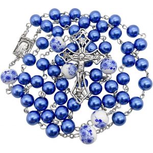Store Chapelet De Perles Bleues Avec Fleurs Blanches, Collier De Perles, M&eacute;daille De Lourdes Et Croix Crucifix - Neuf